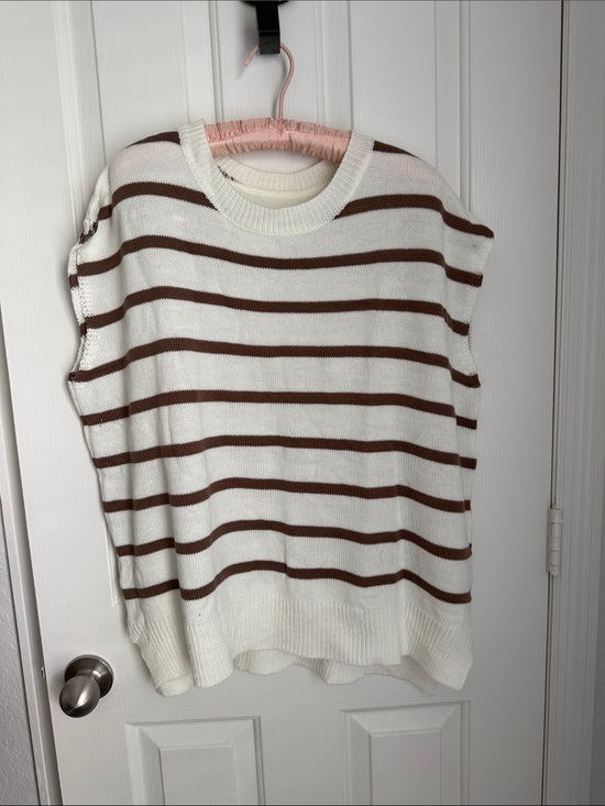 tiktok shop Sweaters - Relaxed Cream & Brown Striped Sleeveless Crew Sweater